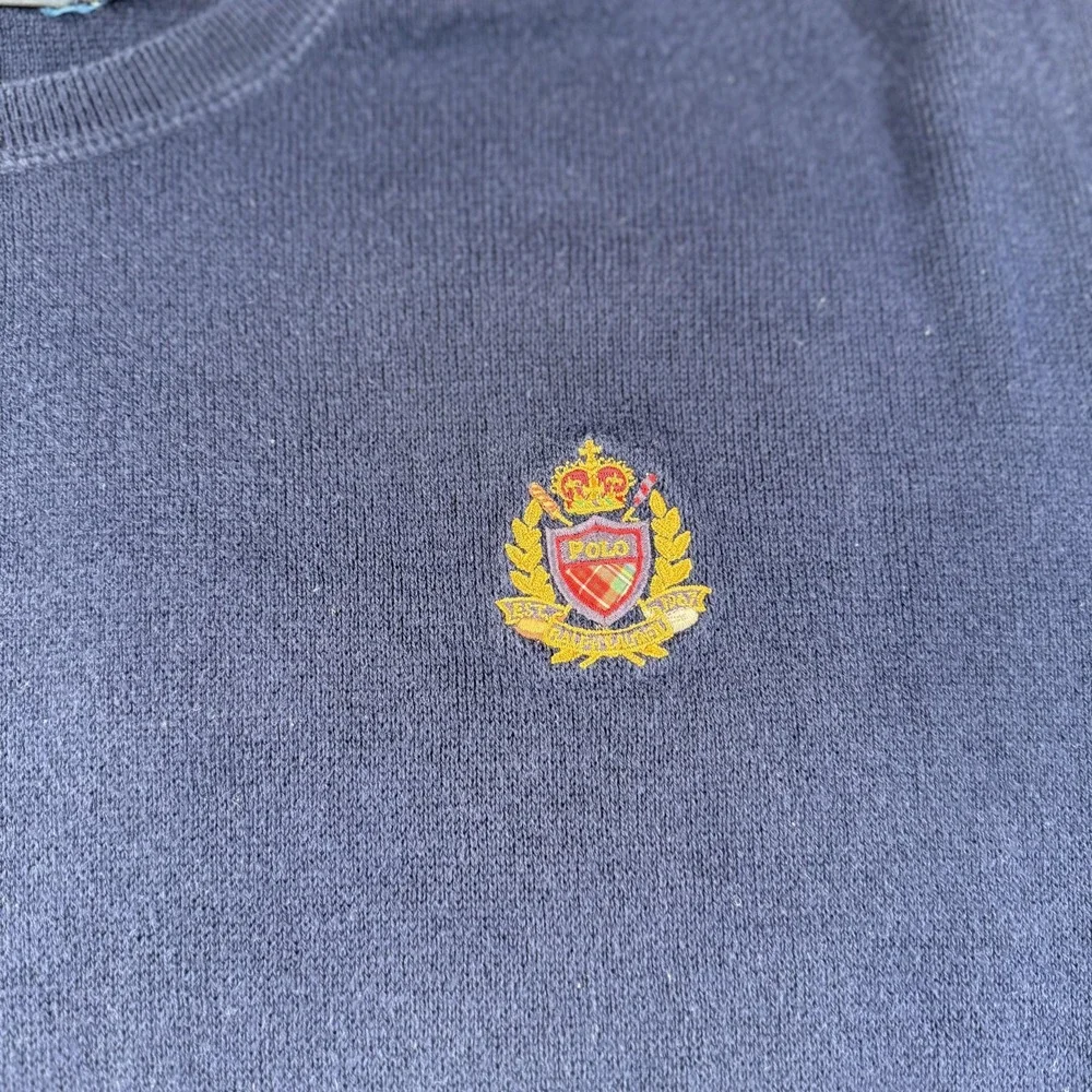 Polo Golf Ralph Lauren Sweater Mens 2XL Navy Blue Crest Cotton Crewneck Pullover